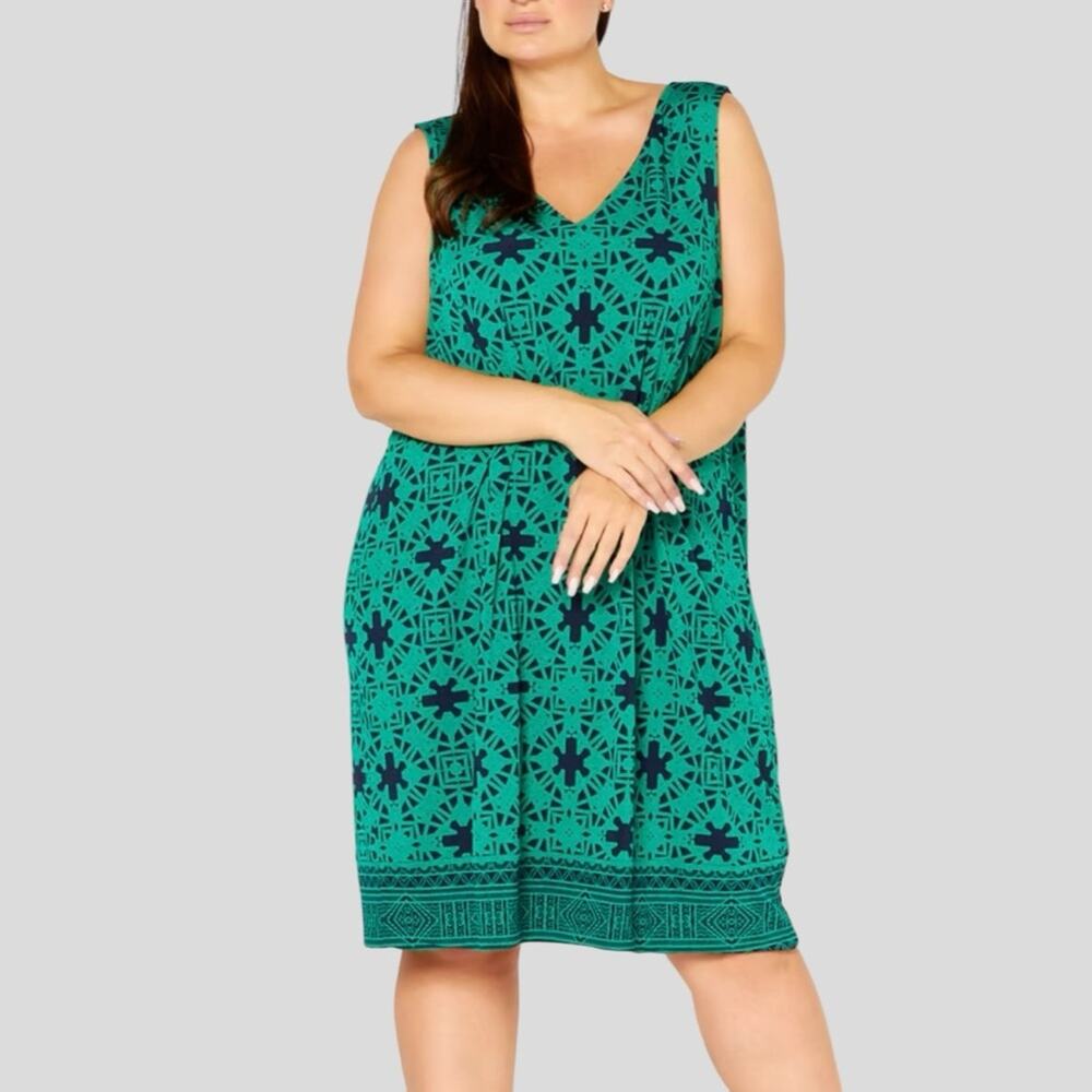 NWT Magnolia Grace Geometric Reversible Midi Dress 2X Stretch Green Navy Perissa